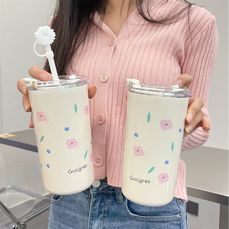 500ML Kawaii Flower & Fruit Printed Stainless Steel Vacuum Mug