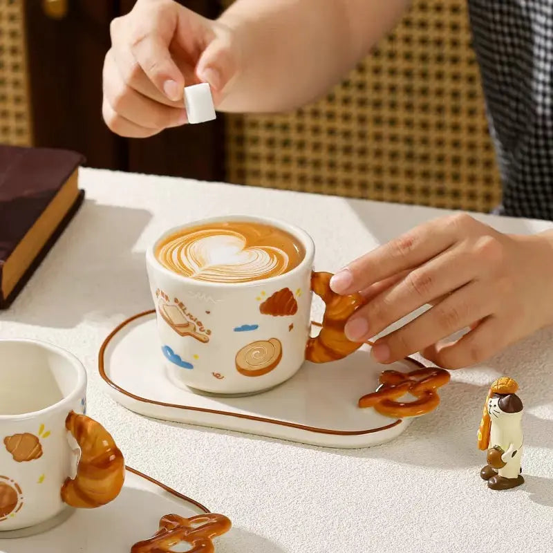 Cute Bread Ceramic Mug & Snack Plate Set Croissant Handle Coffee Cup