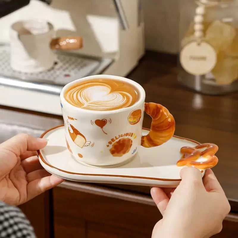 Cute Bread Ceramic Mug & Snack Plate Set Croissant Handle Coffee Cup