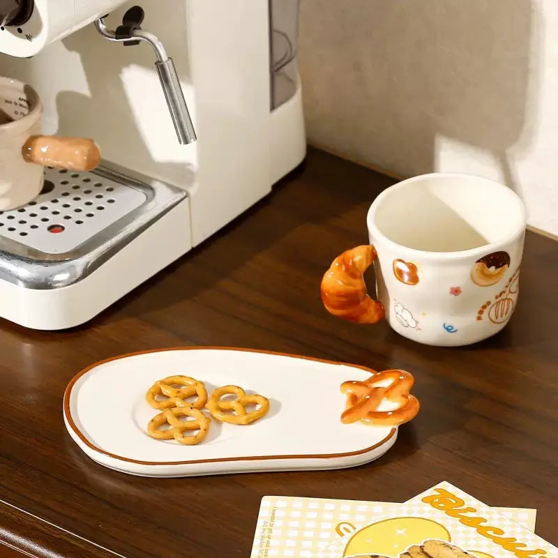 Cute Bread Ceramic Mug & Snack Plate Set Croissant Handle Coffee Cup