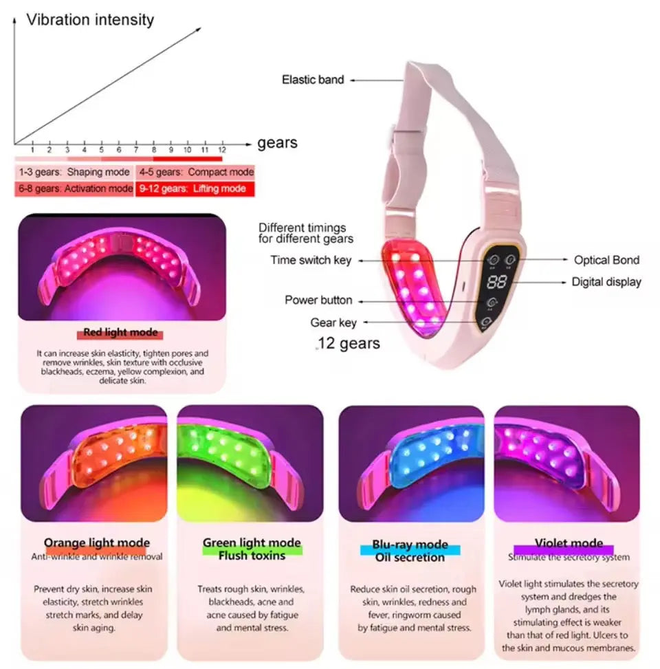 LED Photon Therapy Face Lifting Belt V-Shape Jawline Tightening, 12 Gear Vibration Massage & Hot Compress Sparkels  Sparkels