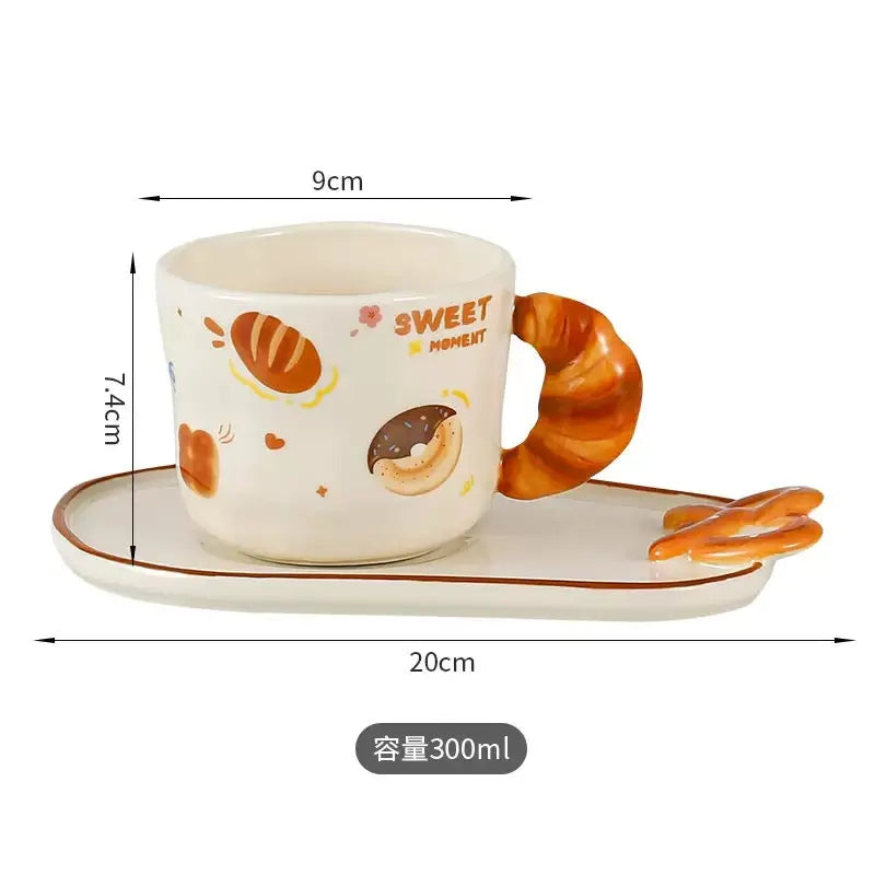 Cute Bread Ceramic Mug & Snack Plate Set Croissant Handle Coffee Cup