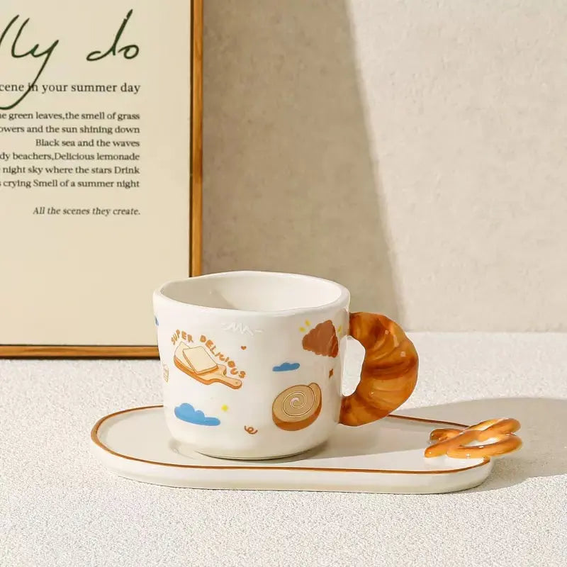 Cute Bread Ceramic Mug & Snack Plate Set Croissant Handle Coffee Cup