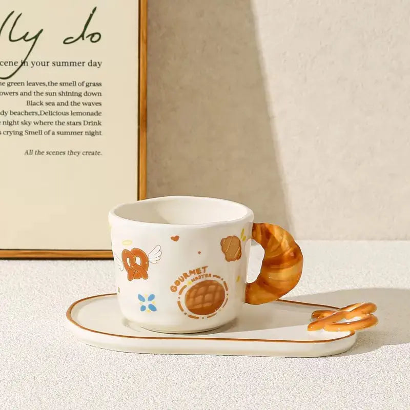 Cute Bread Ceramic Mug & Snack Plate Set Croissant Handle Coffee Cup