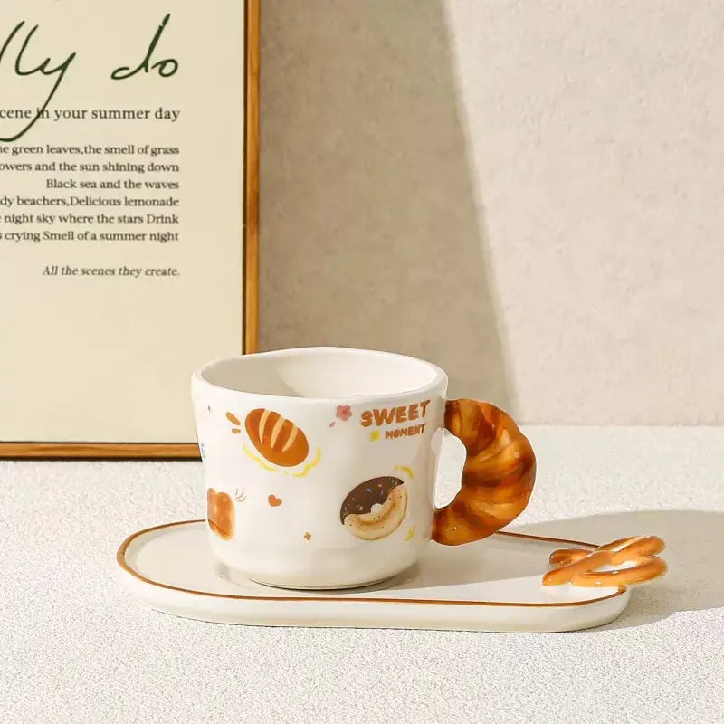 Cute Bread Ceramic Mug & Snack Plate Set Croissant Handle Coffee Cup