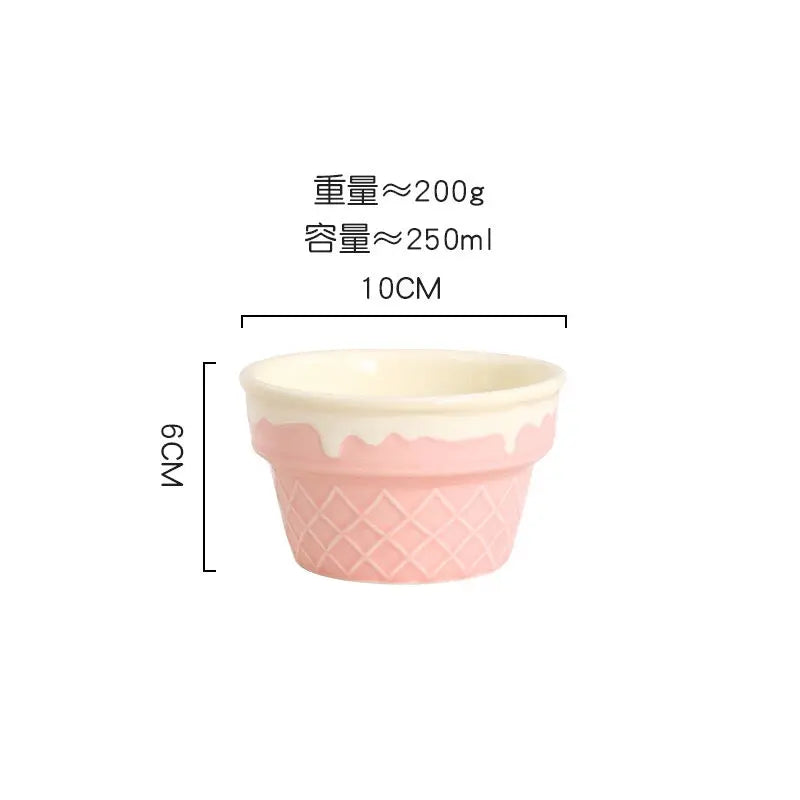 Ice Cream Cone Ceramic Bowl & Cup Set Pastel Pink Dessert Bowl, Snack Cup, Breakfast Bowl, Ice Cream Plate Cute Kitchen Tableware Collection Sparkels  Sparkels