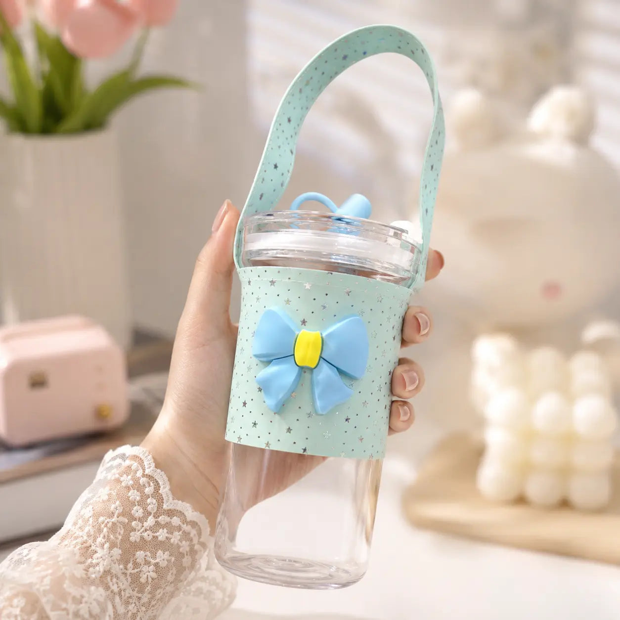 Cute Bow Portable Water Bottle with Strap