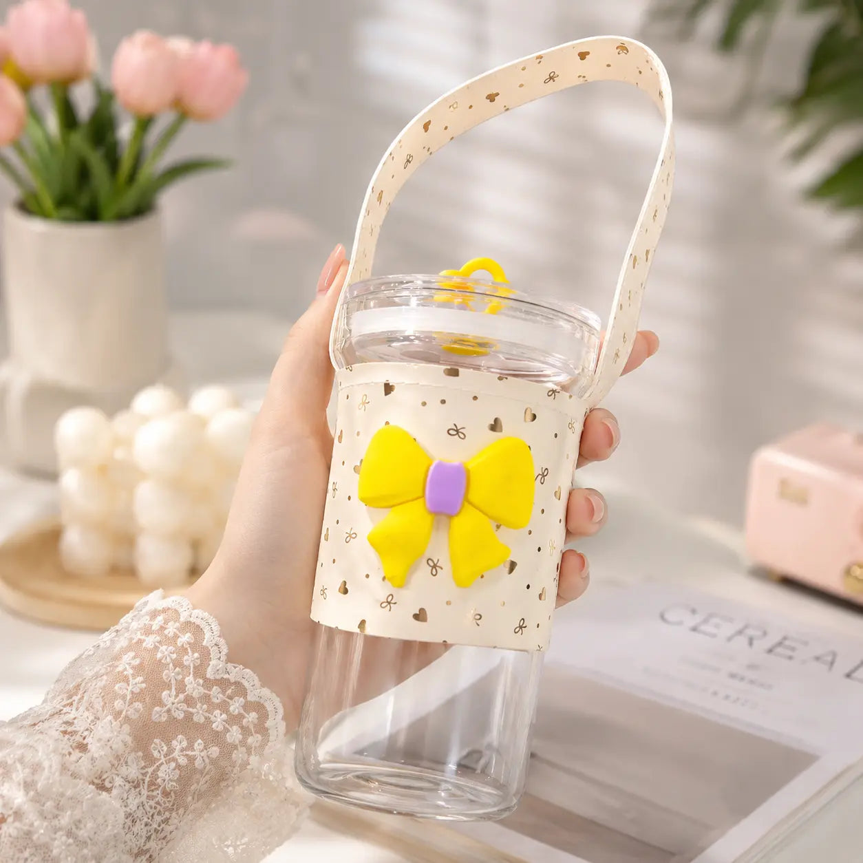 Cute Bow Portable Water Bottle with Strap