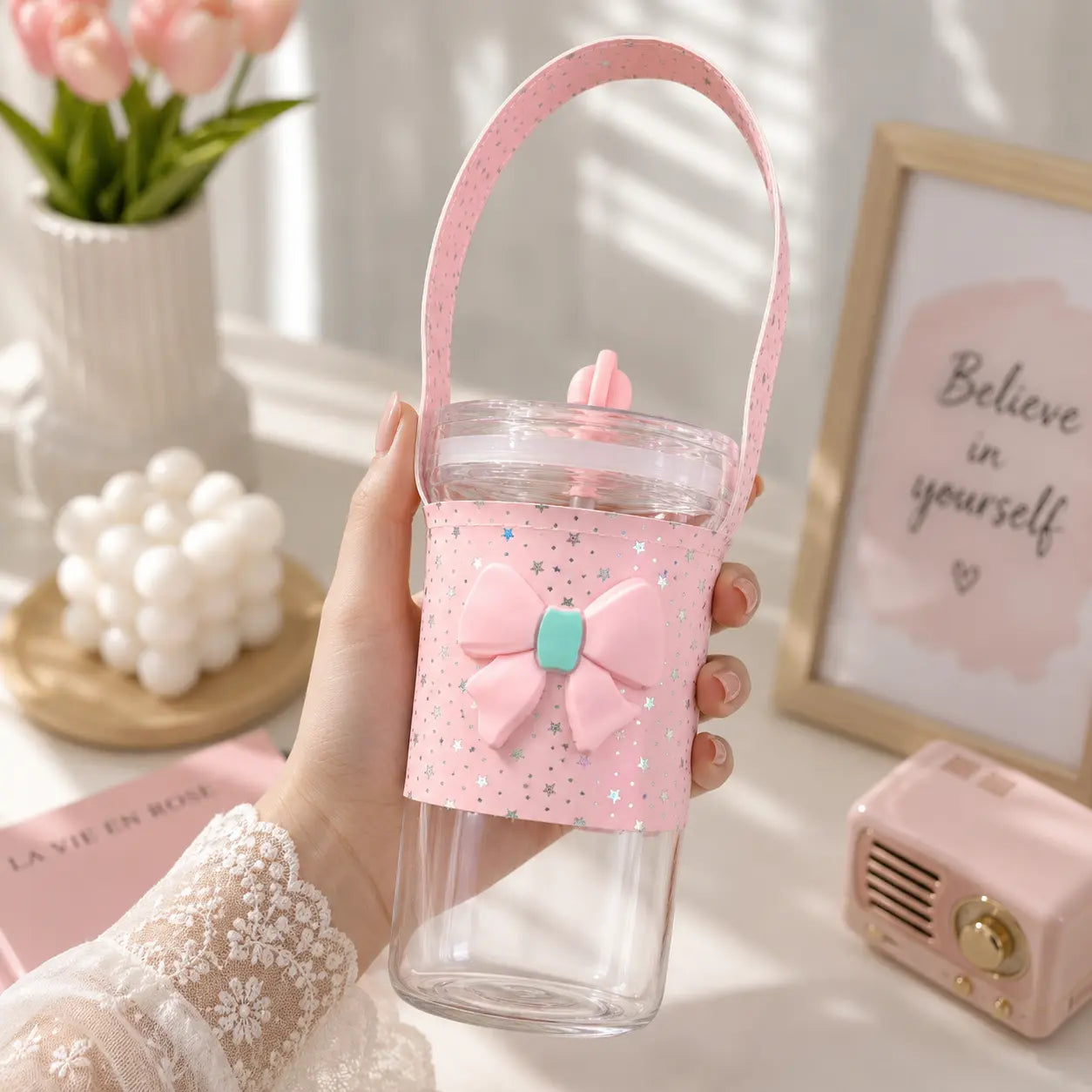 Cute Bow Portable Water Bottle with Strap