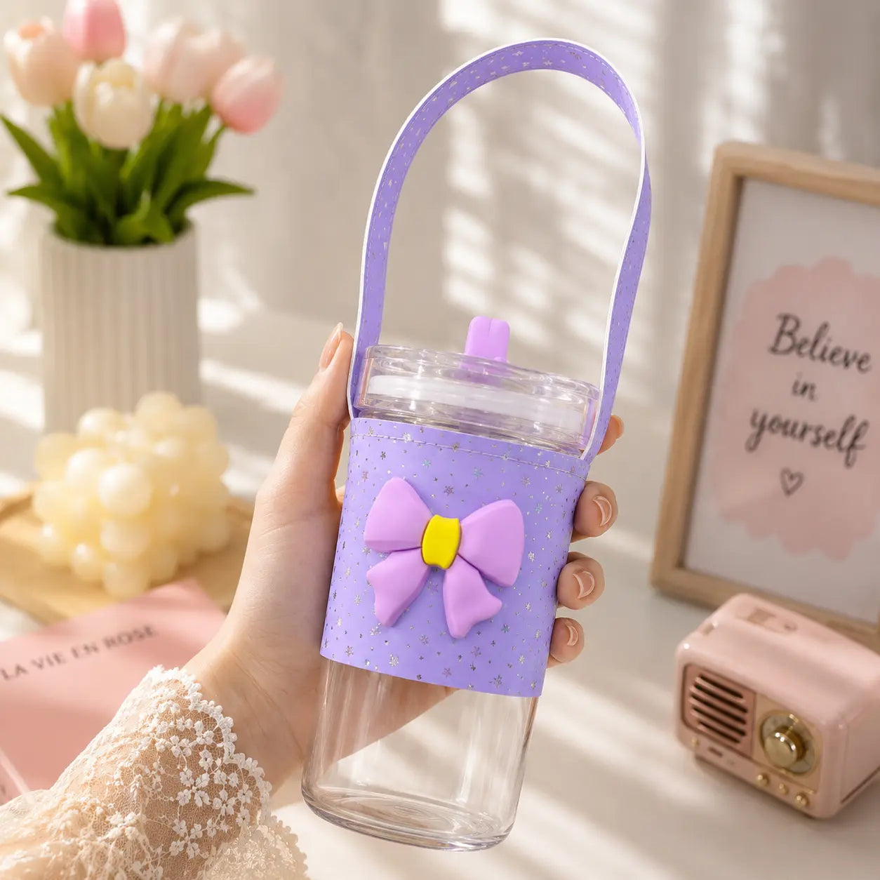 Cute Bow Portable Water Bottle with Strap