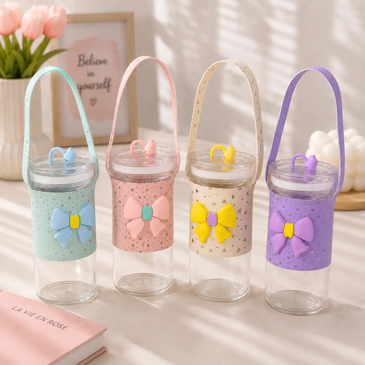 Cute Bow Portable Water Bottle with Strap