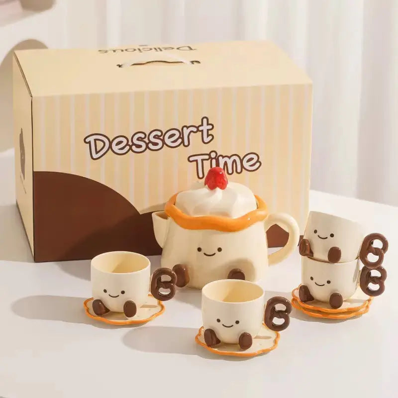 Cute Dessert Tea Set with Teapot, 4 Cups & Saucers Gift Box Set