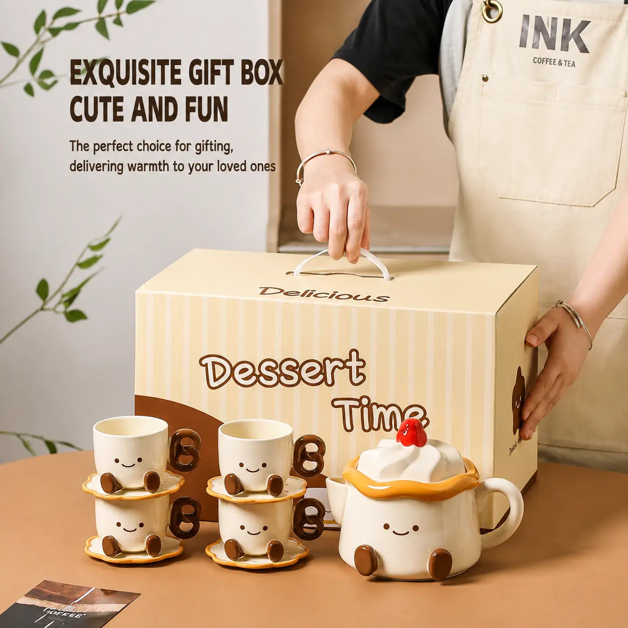 Cute Dessert Tea Set with Teapot, 4 Cups & Saucers Gift Box Set