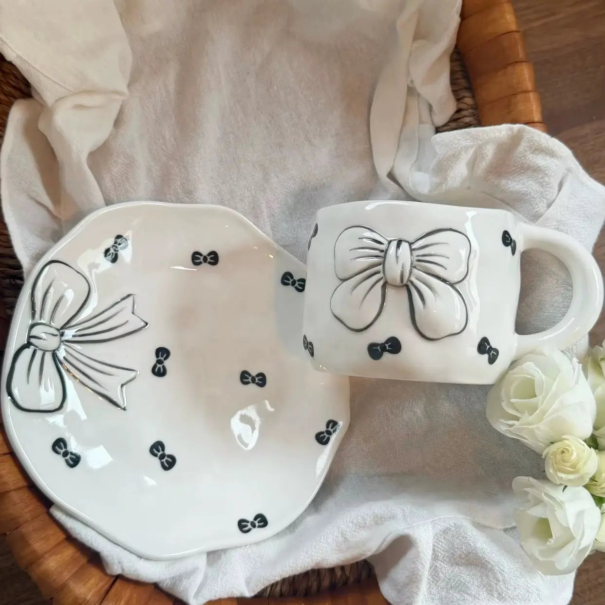 Black Bow Ceramic Coffee Mug with Matching Saucer