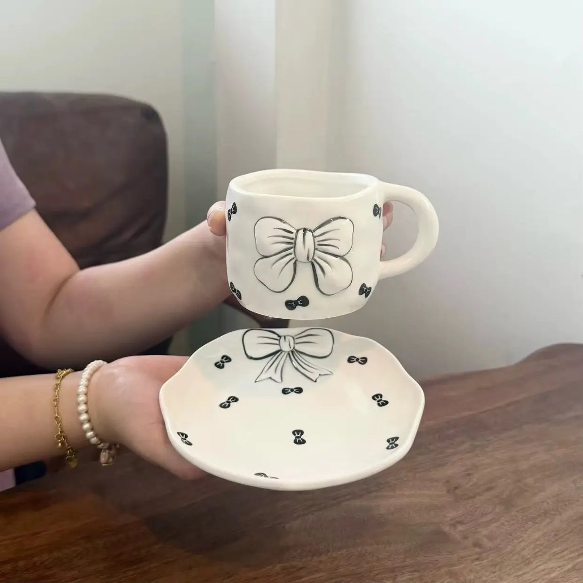 Black Bow Ceramic Coffee Mug with Matching Saucer
