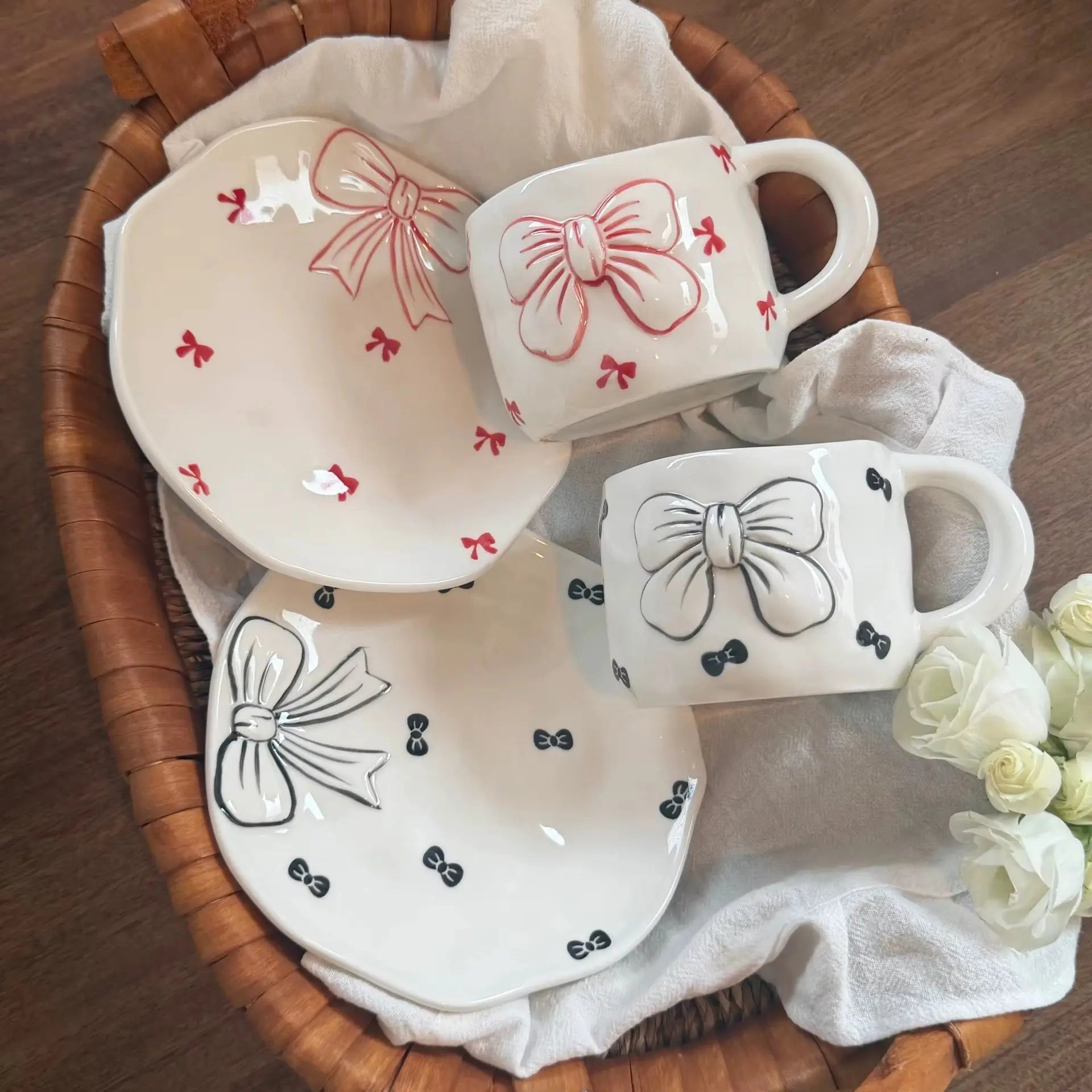 Black Bow Ceramic Coffee Mug with Matching Saucer
