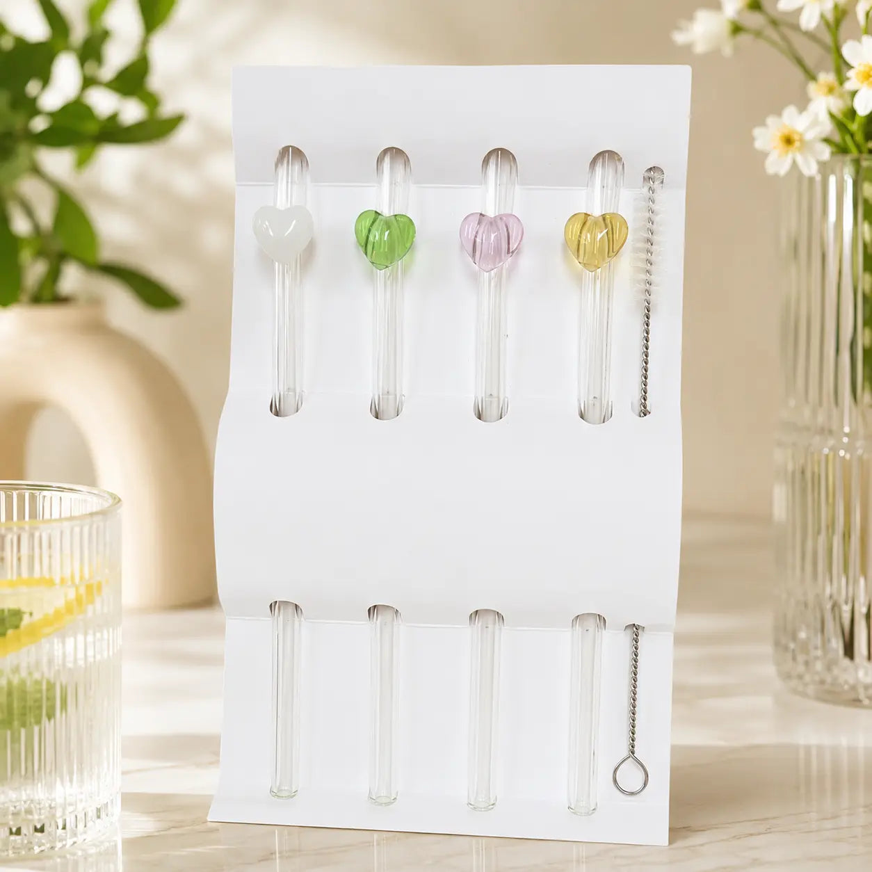 4-Piece Reusable Glass Straw Set with Heart Charms & Cleaning Brush
