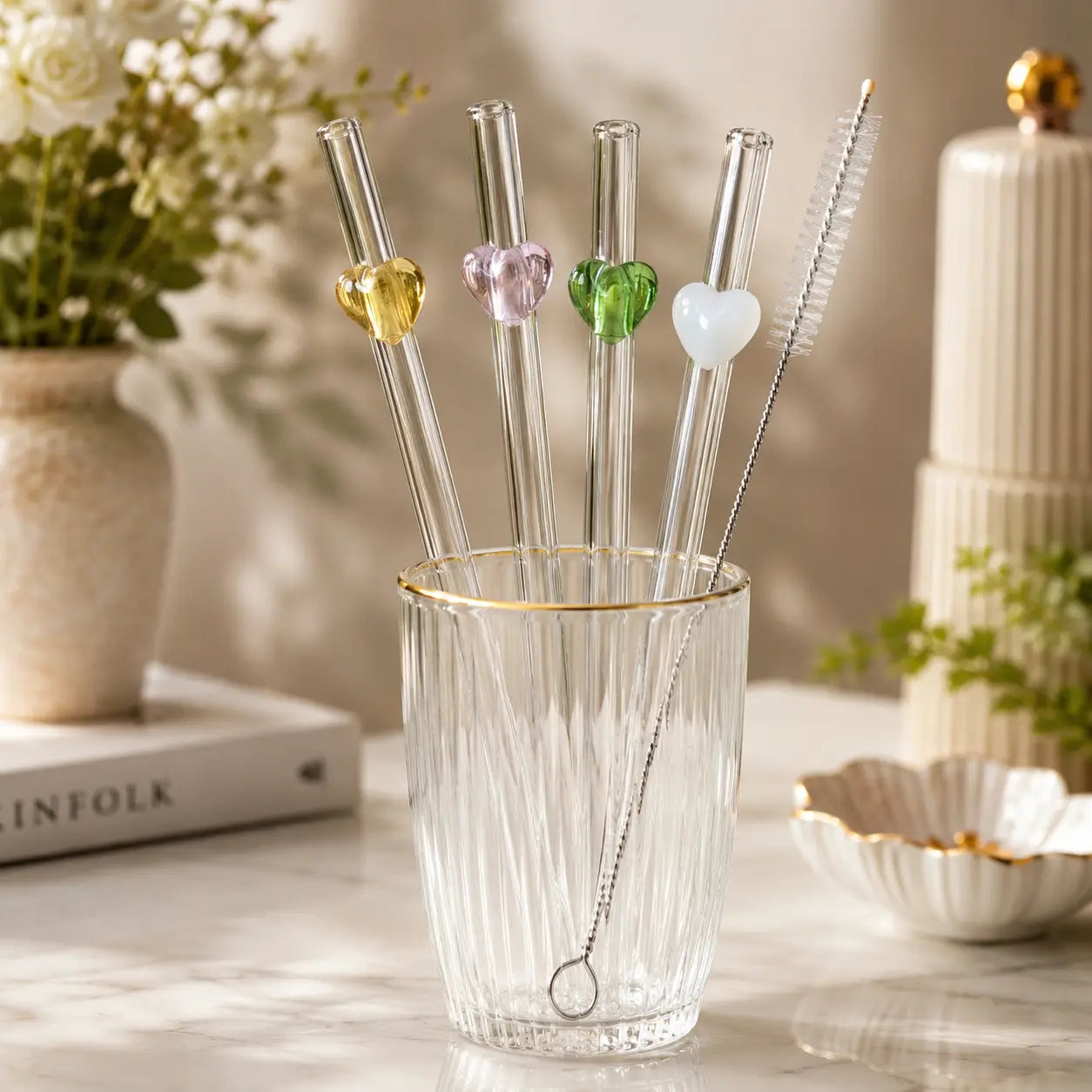4-Piece Reusable Glass Straw Set with Heart Charms & Cleaning Brush