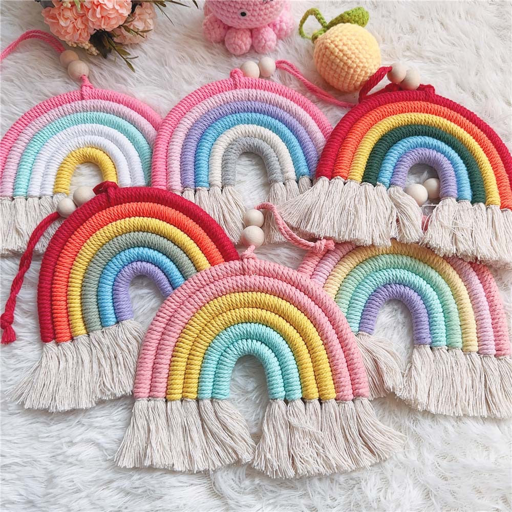 Handmade Woven Cotton Rope Rainbow Tassels Bead Boho Style Pendants Rainbow Children'S Room Wall Hanging Holiday Decoration