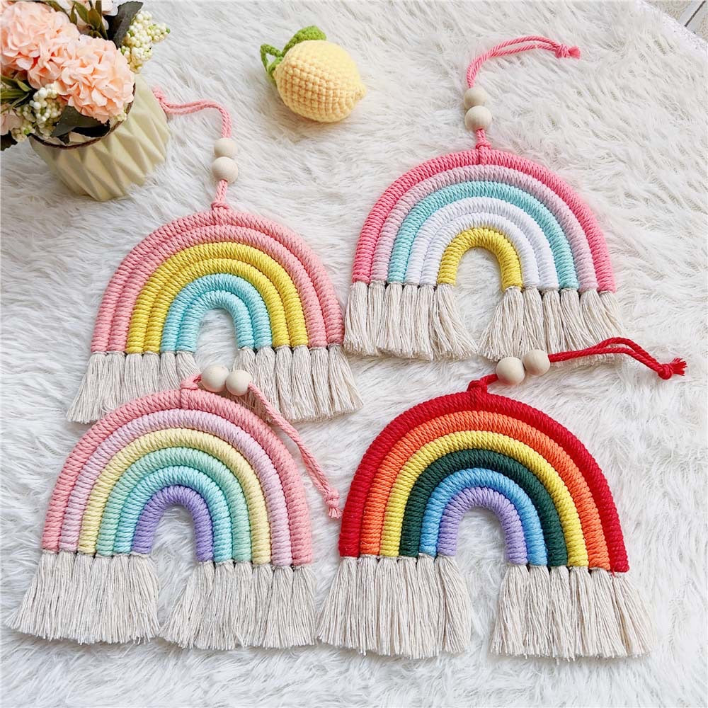 Handmade Woven Cotton Rope Rainbow Tassels Bead Boho Style Pendants Rainbow Children'S Room Wall Hanging Holiday Decoration