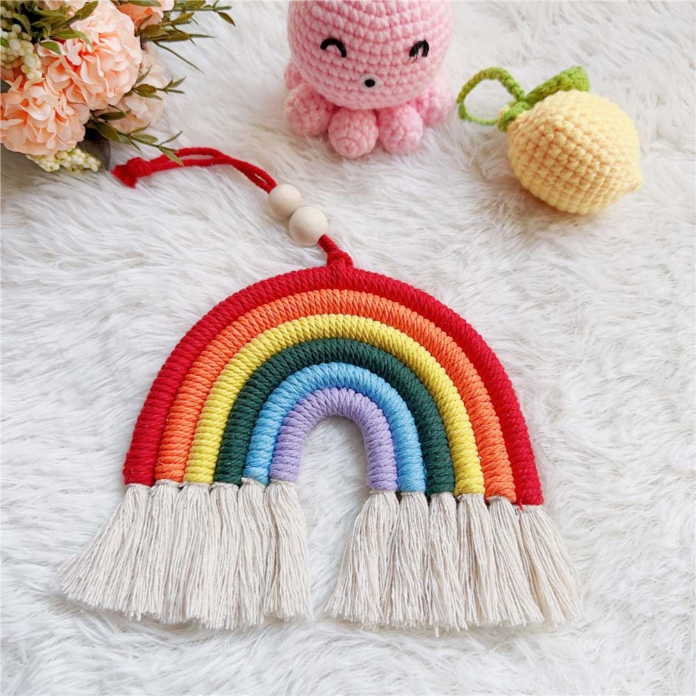 Handmade Woven Cotton Rope Rainbow Tassels Bead Boho Style Pendants Rainbow Children'S Room Wall Hanging Holiday Decoration