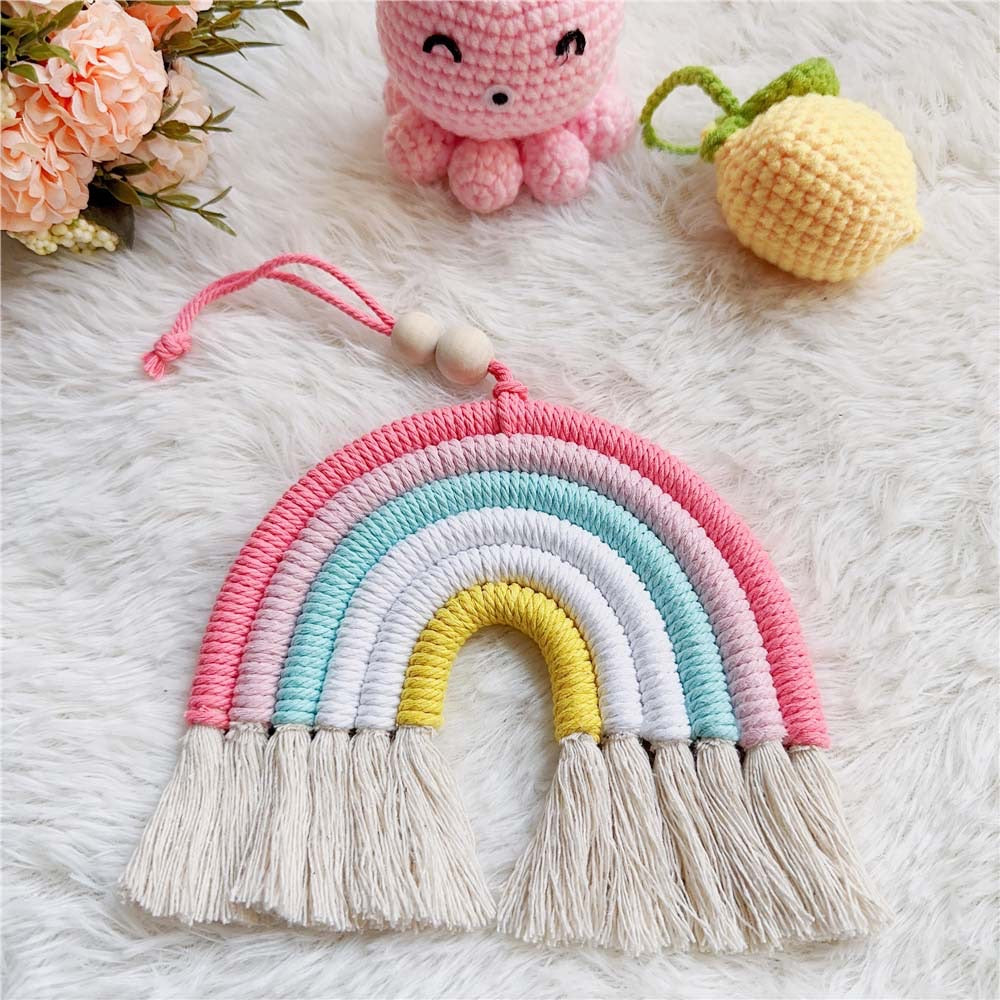 Handmade Woven Cotton Rope Rainbow Tassels Bead Boho Style Pendants Rainbow Children'S Room Wall Hanging Holiday Decoration