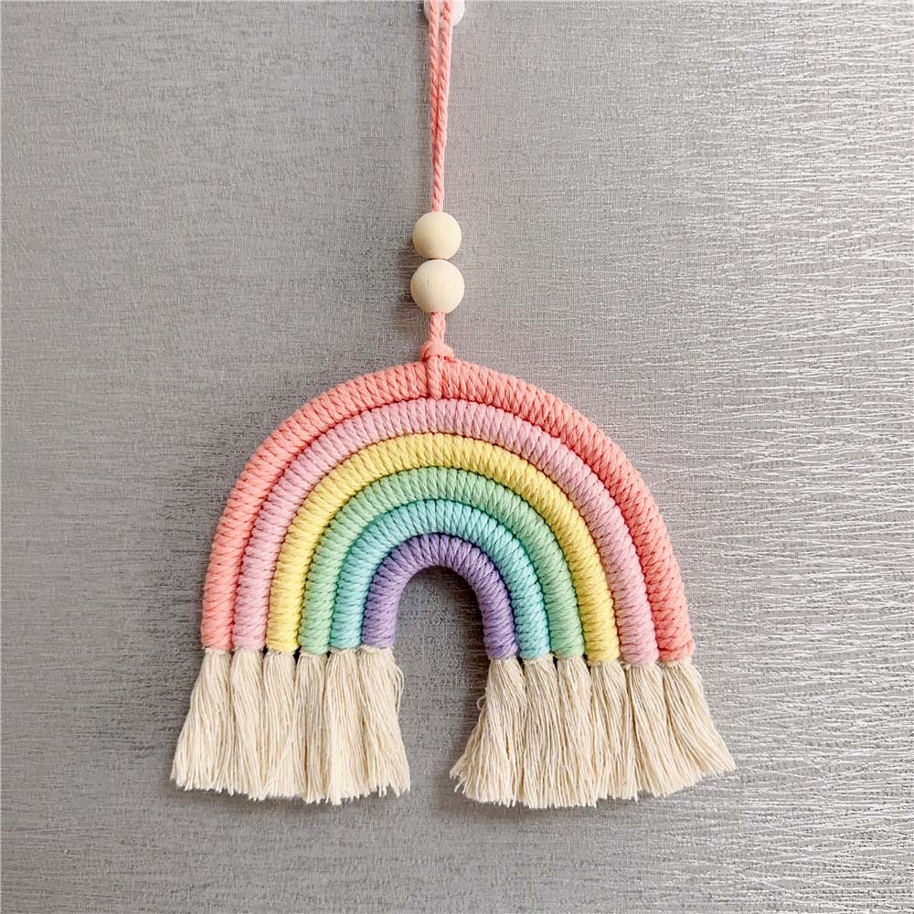 Handmade Woven Cotton Rope Rainbow Tassels Bead Boho Style Pendants Rainbow Children'S Room Wall Hanging Holiday Decoration