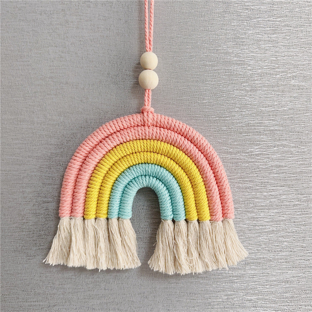 Handmade Woven Cotton Rope Rainbow Tassels Bead Boho Style Pendants Rainbow Children'S Room Wall Hanging Holiday Decoration