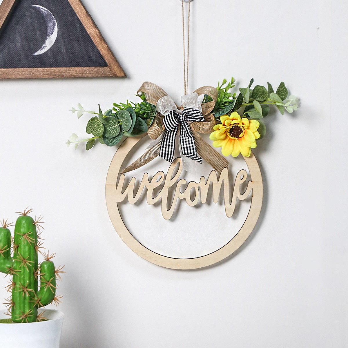 Welcome Round With Leaf & Led Fairy Light Hanging Plaque Sign