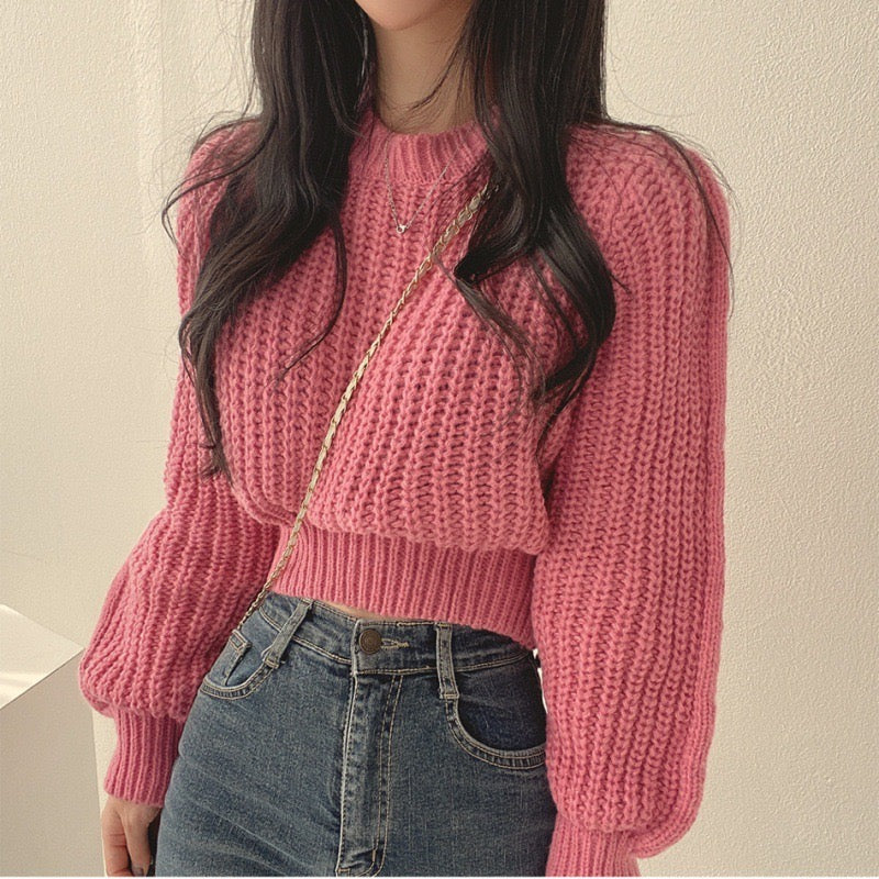 Vintage Lantern Long Sleeve Sweater Women Korean Autumn Winter Knitwear O Neck Pullover Tops Chic Fashion Solid Female Jumper