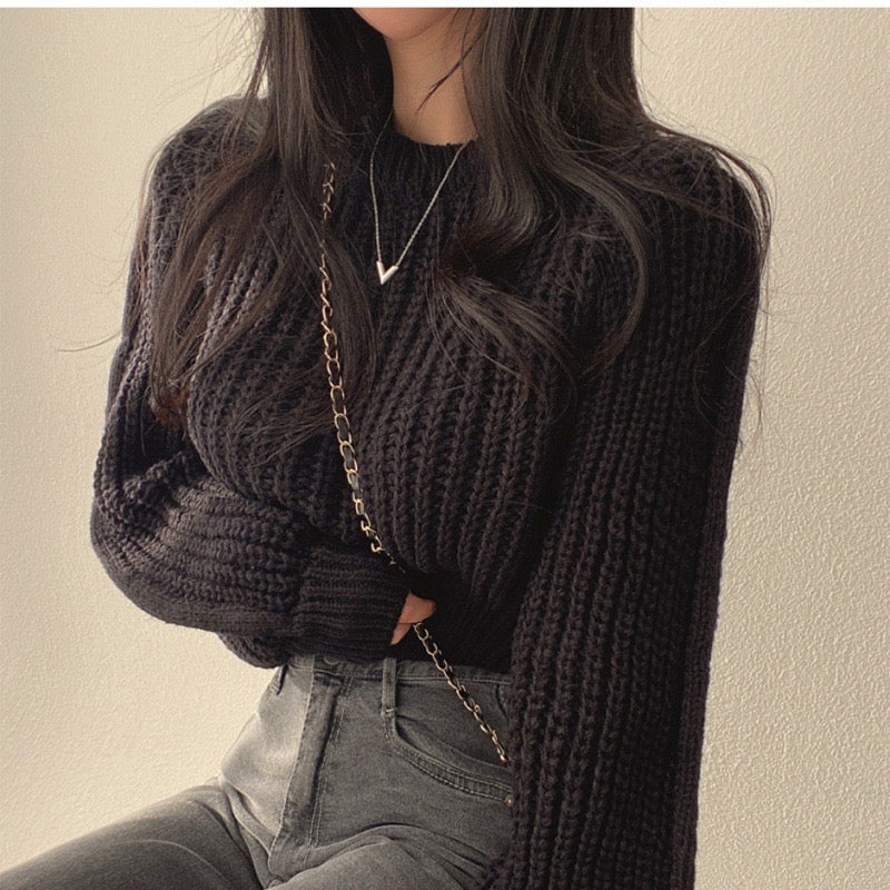 Vintage Lantern Long Sleeve Sweater Women Korean Autumn Winter Knitwear O Neck Pullover Tops Chic Fashion Solid Female Jumper