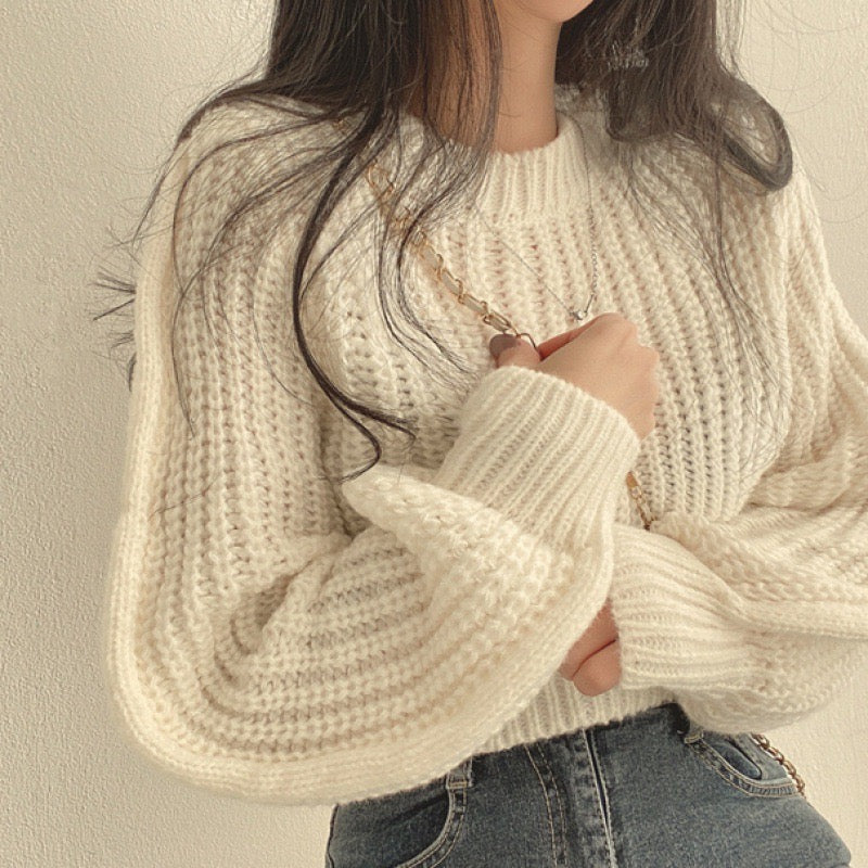 Vintage Lantern Long Sleeve Sweater Women Korean Autumn Winter Knitwear O Neck Pullover Tops Chic Fashion Solid Female Jumper