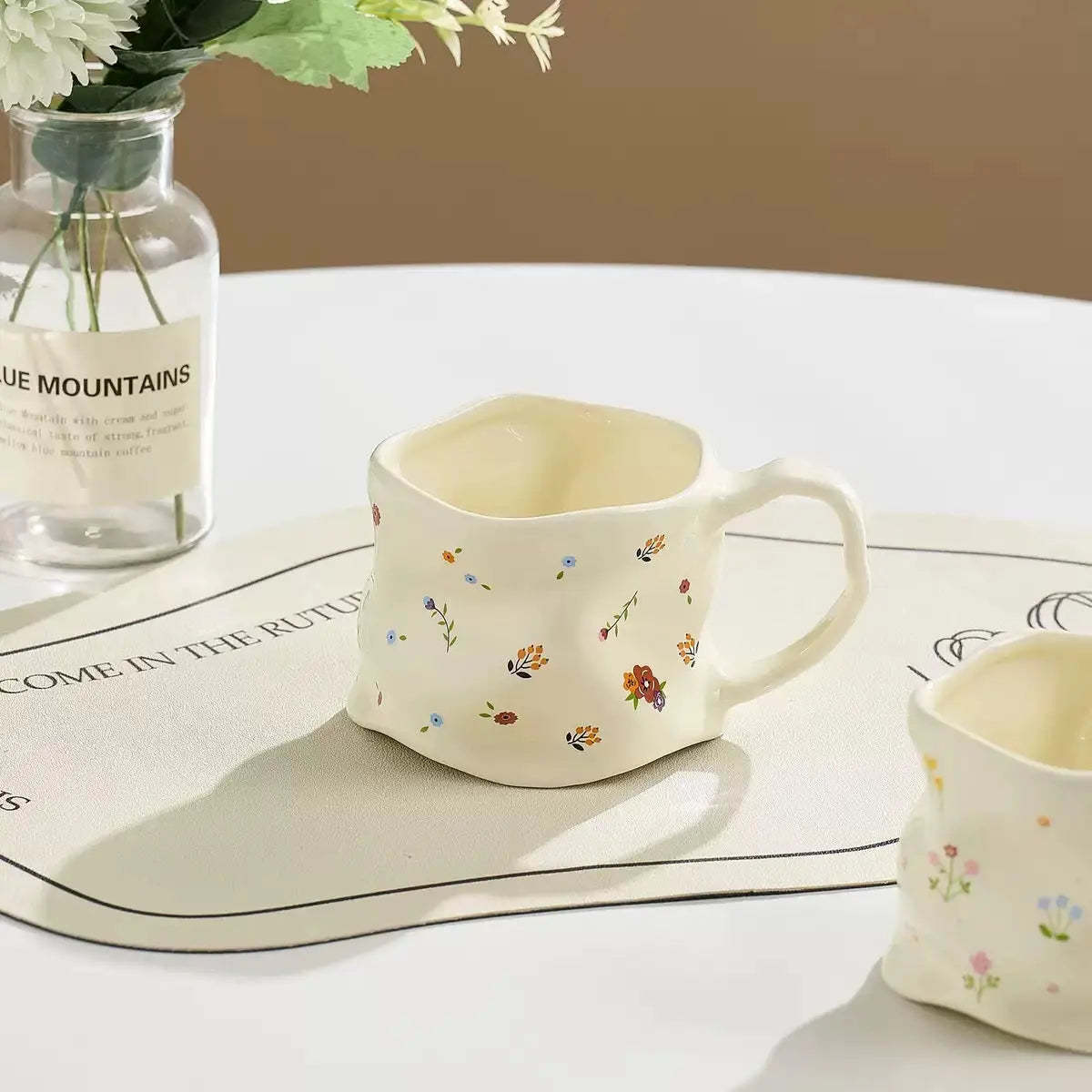 Handmade Floral Ceramic Mug 380ml Vintage Cottagecore Coffee Cup with Wavy Design Sparkels  Sparkels