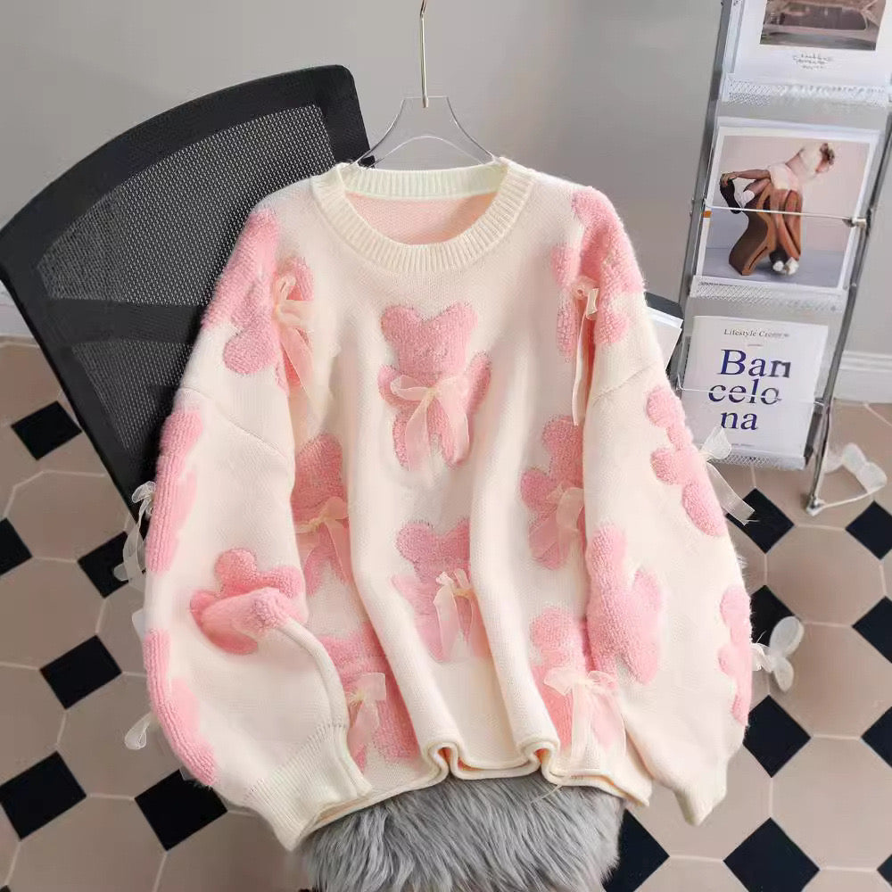 Bow Crewneck Sweater Women's Knit Pullover Autumn Winter Top