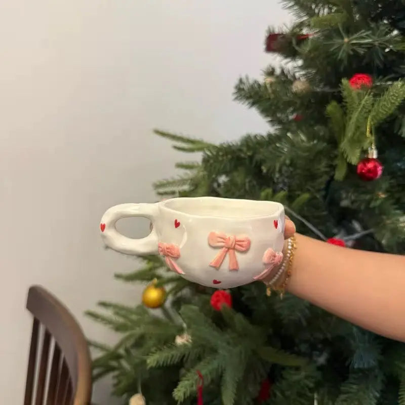 Cute Pink Bow Ceramic Cup & Saucer Set 230ml Heart Aesthetic Coffee & Tea Cup Sparkels  Sparkels