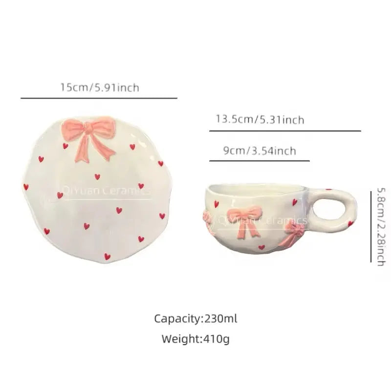 Cute Pink Bow Ceramic Cup & Saucer Set 230ml Heart Aesthetic Coffee & Tea Cup Sparkels  Sparkels