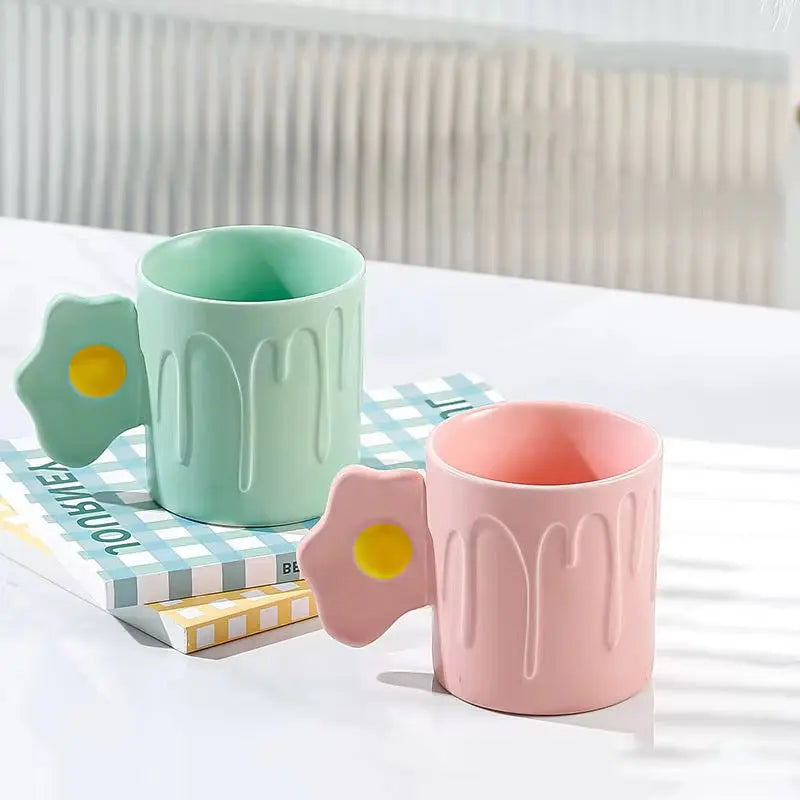 Cute Fried Egg Handle Ceramic Mug Pastel Aesthetic Coffee Cup with Drip Design Sparkels  Sparkels