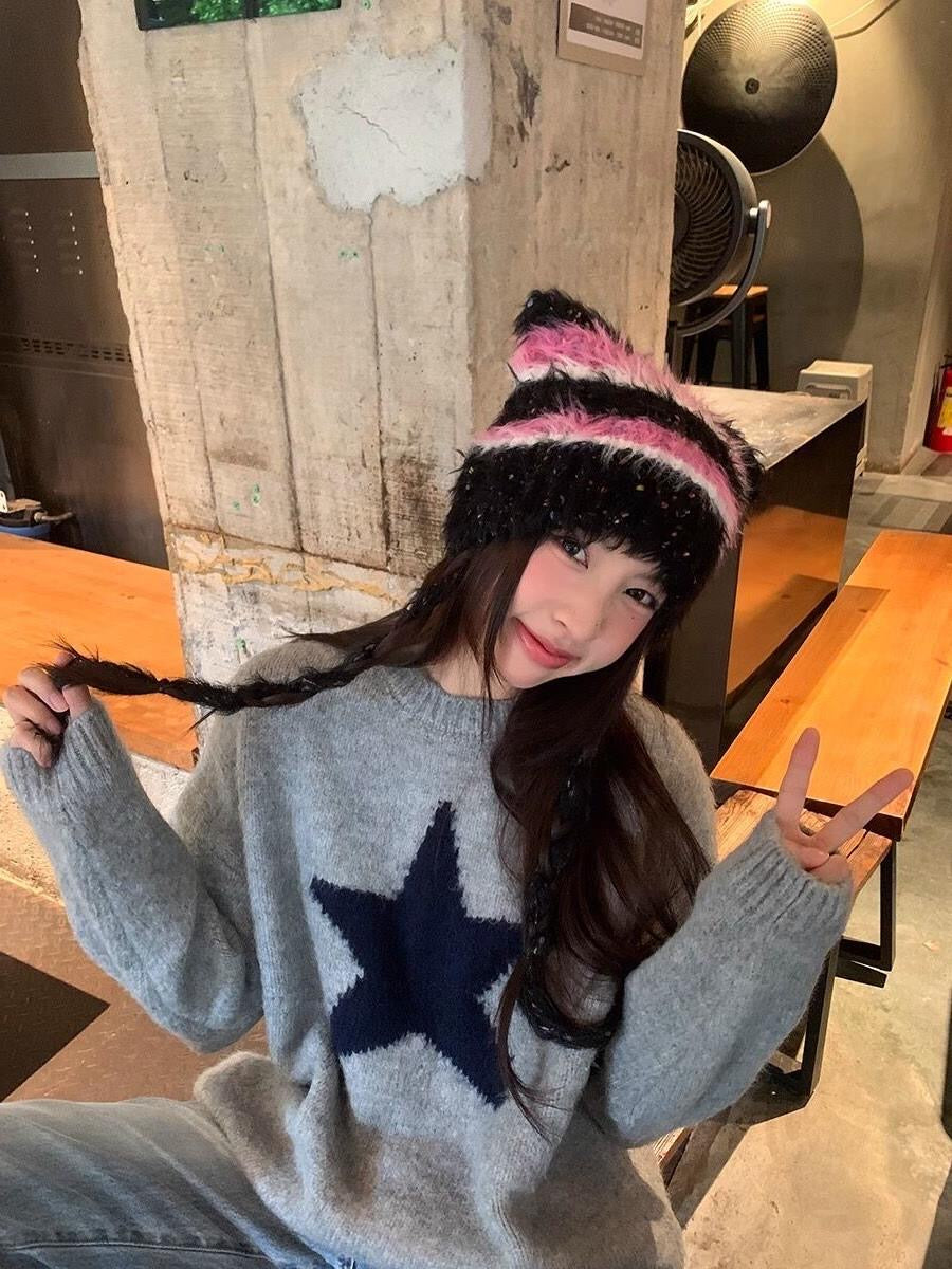 Stars Pattern Knitted Sweater Women Winter O-Neck Casual Pullover