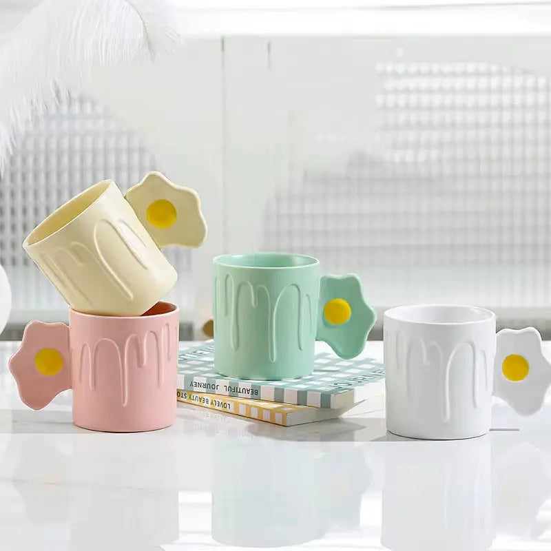 Cute Fried Egg Handle Ceramic Mug Pastel Aesthetic Coffee Cup with Drip Design Sparkels  Sparkels