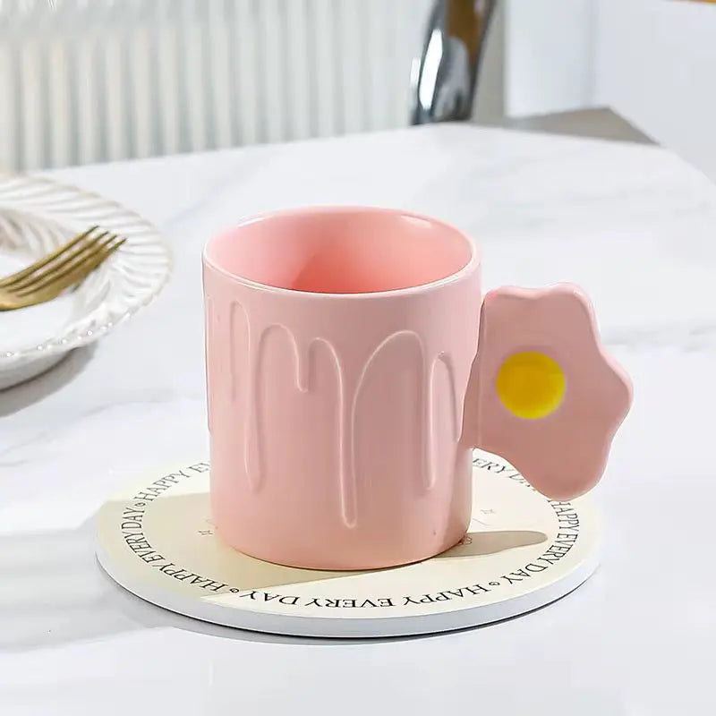 Cute Fried Egg Handle Ceramic Mug Pastel Aesthetic Coffee Cup with Drip Design Sparkels  Sparkels