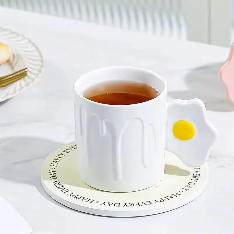 Cute Fried Egg Handle Ceramic Mug Pastel Aesthetic Coffee Cup with Drip Design Sparkels  Sparkels