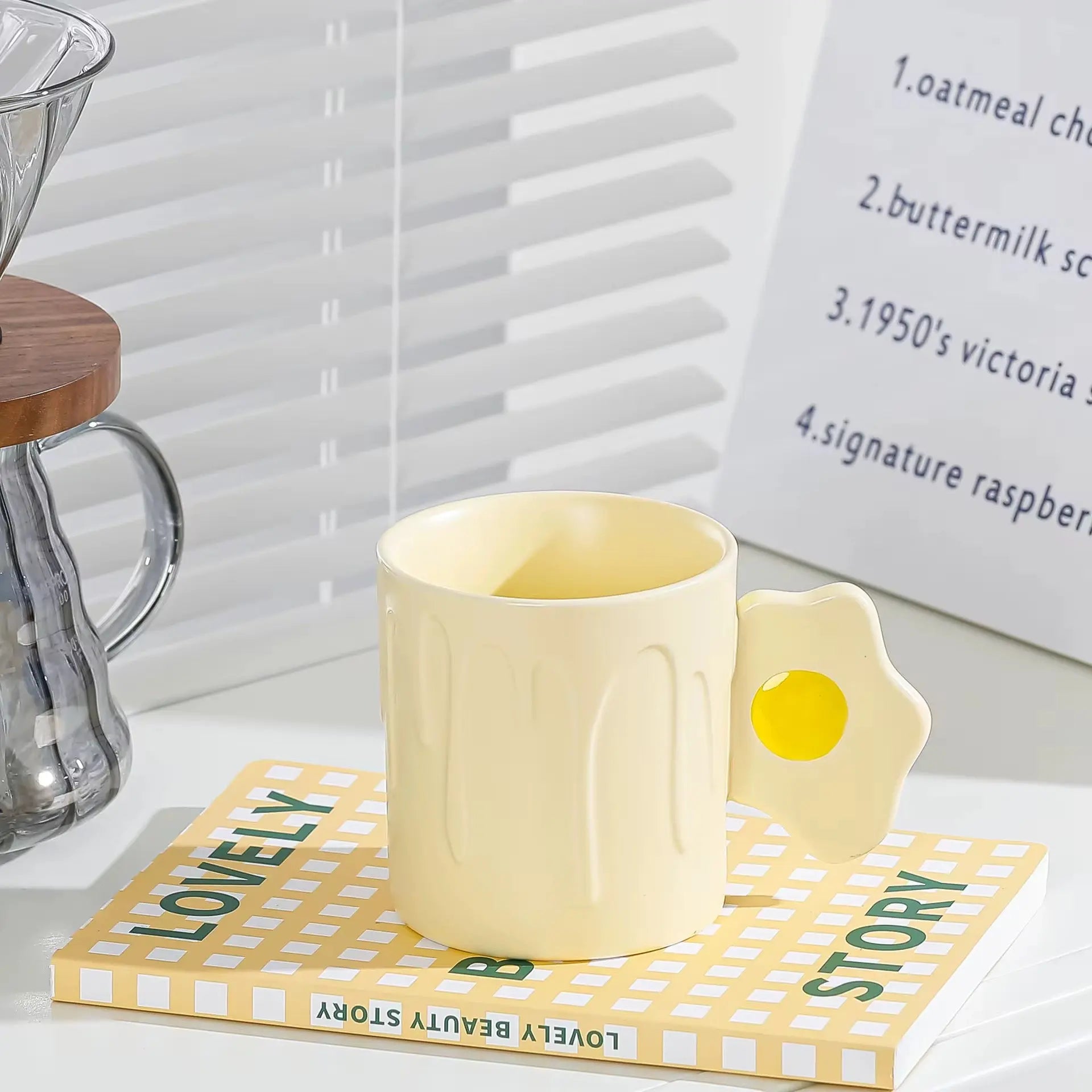 Cute Fried Egg Handle Ceramic Mug Pastel Aesthetic Coffee Cup with Drip Design Sparkels  Sparkels