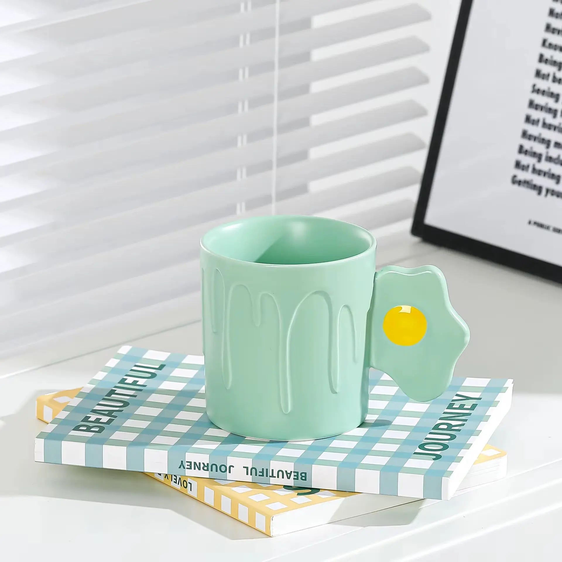 Cute Fried Egg Handle Ceramic Mug Pastel Aesthetic Coffee Cup with Drip Design Sparkels  Sparkels