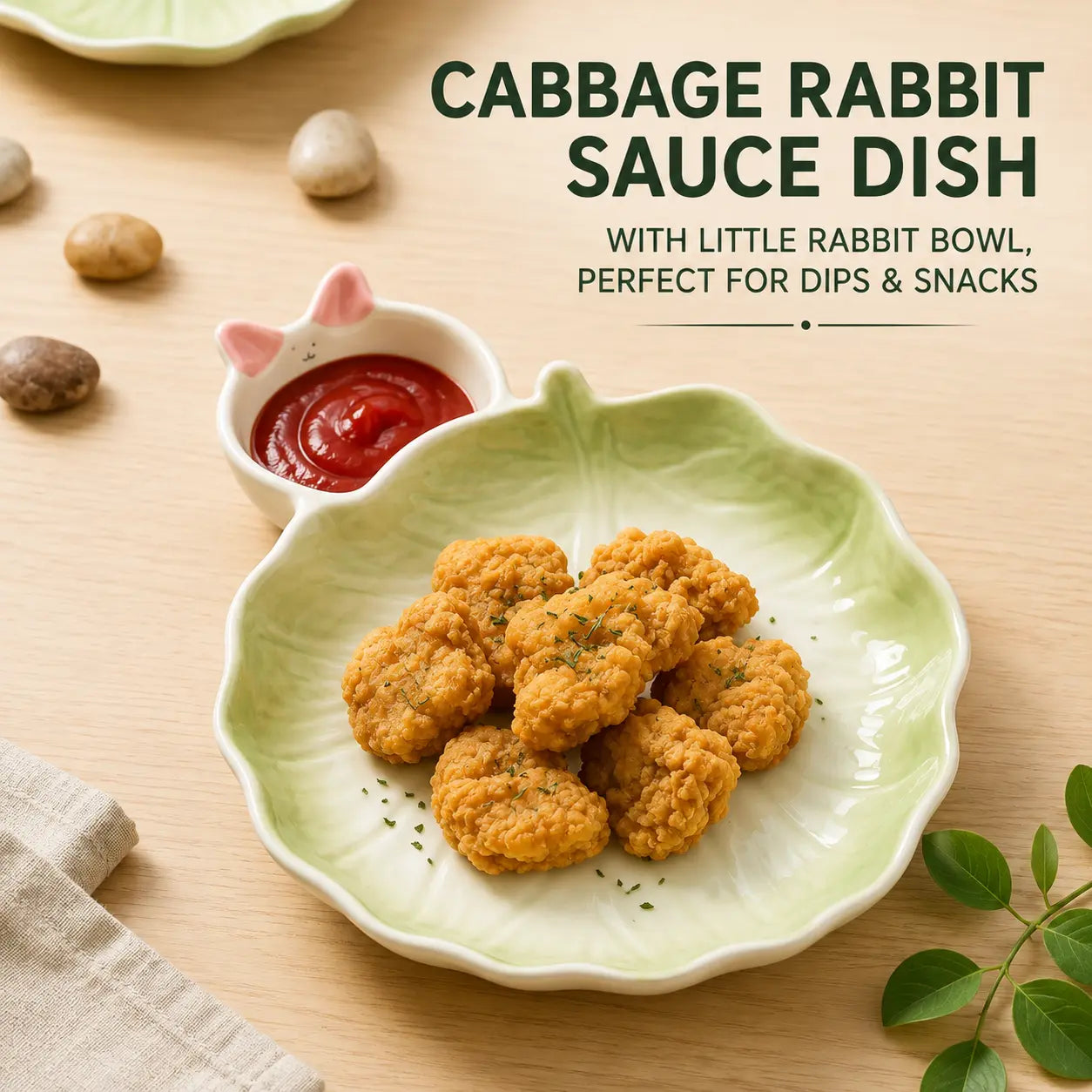 Cabbage Rabbit Ceramic Serving Plate with Sauce Bowl
