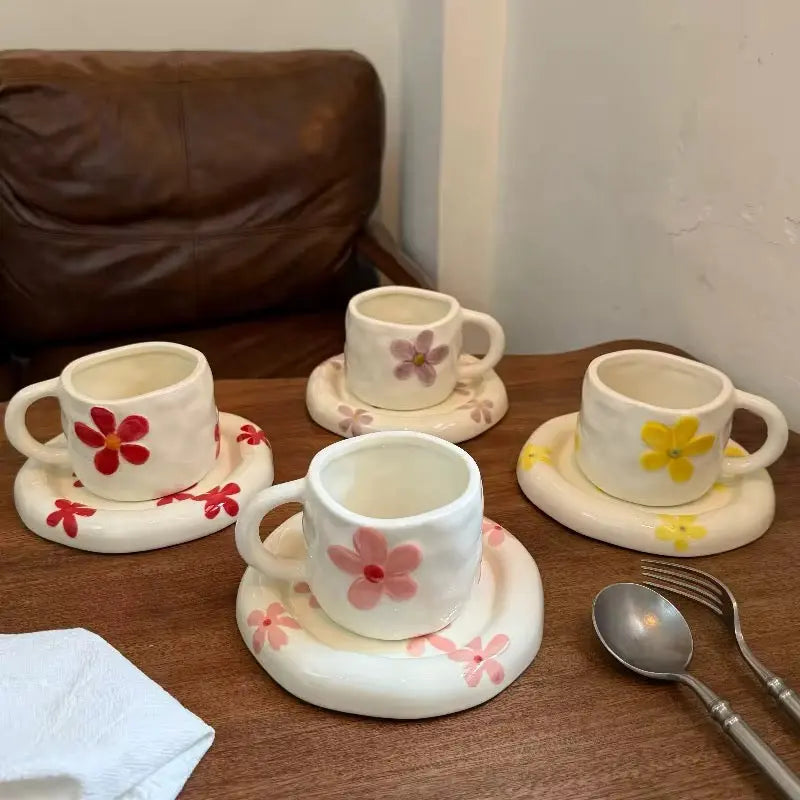 Handmade Floral Ceramic Cup & Saucer Set Cute Aesthetic Coffee & Tea Cup with Daisy Design Sparkels  Sparkels