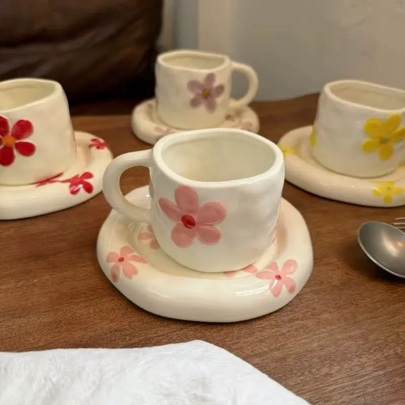 Handmade Floral Ceramic Cup & Saucer Set Cute Aesthetic Coffee & Tea Cup with Daisy Design Sparkels  Sparkels
