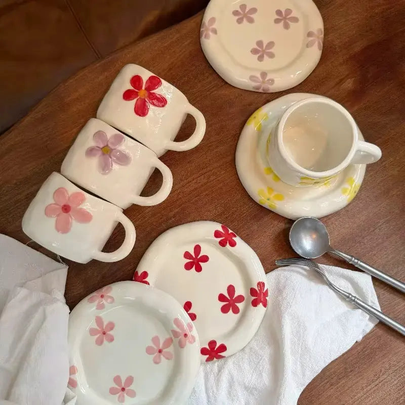 Handmade Floral Ceramic Cup & Saucer Set Cute Aesthetic Coffee & Tea Cup with Daisy Design Sparkels  Sparkels