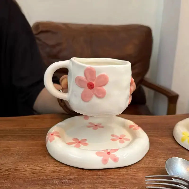 Handmade Floral Ceramic Cup & Saucer Set Cute Aesthetic Coffee & Tea Cup with Daisy Design Sparkels  Sparkels