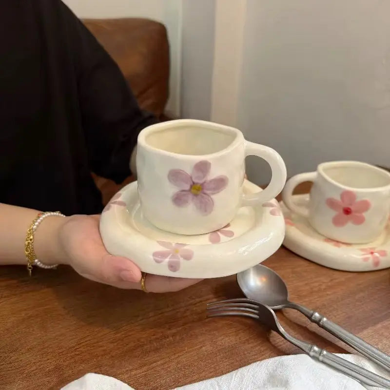 Handmade Floral Ceramic Cup & Saucer Set Cute Aesthetic Coffee & Tea Cup with Daisy Design Sparkels  Sparkels