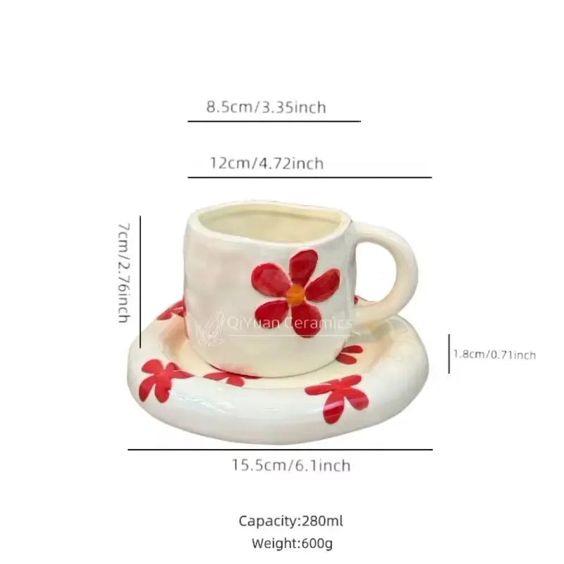 Handmade Floral Ceramic Cup & Saucer Set Cute Aesthetic Coffee & Tea Cup with Daisy Design Sparkels  Sparkels